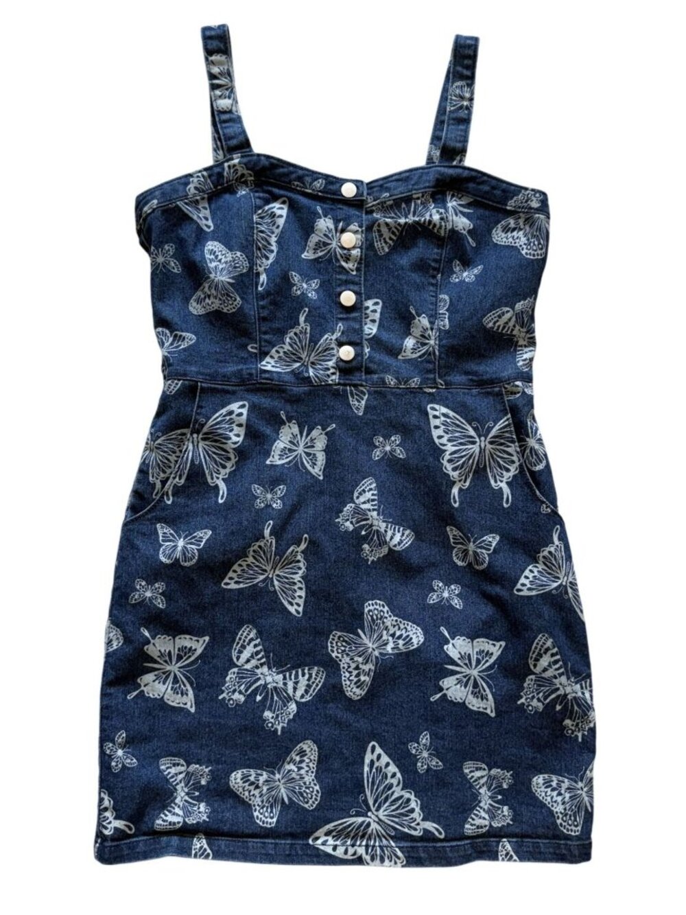 Denim Butterfly Print Denim MiniDress Snap Front Zip Back Non Adjust Strap Med